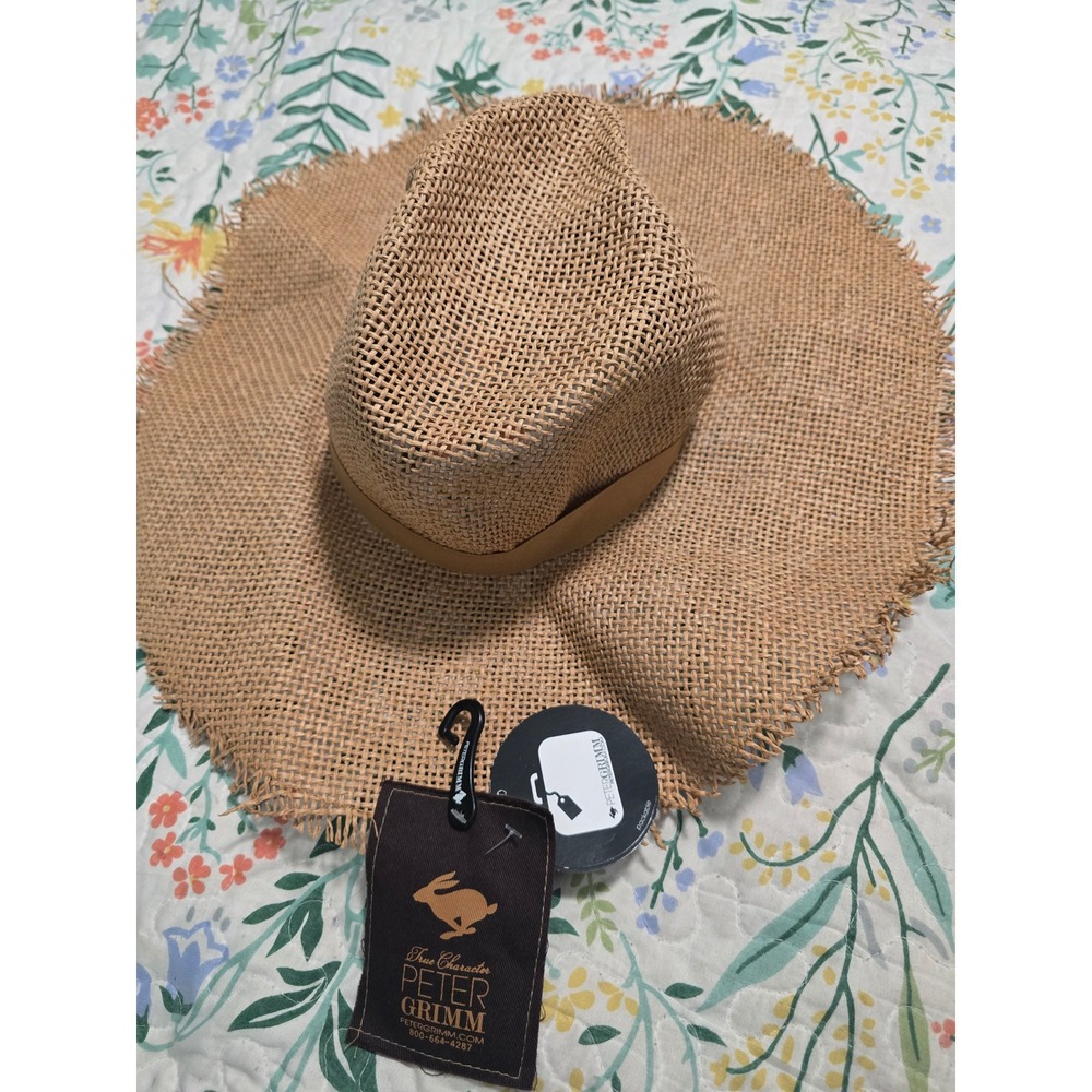Peter Grimm Pura Vida Men Straw Sun Hat Tan Frayed Wide Brim UV Protection NEW